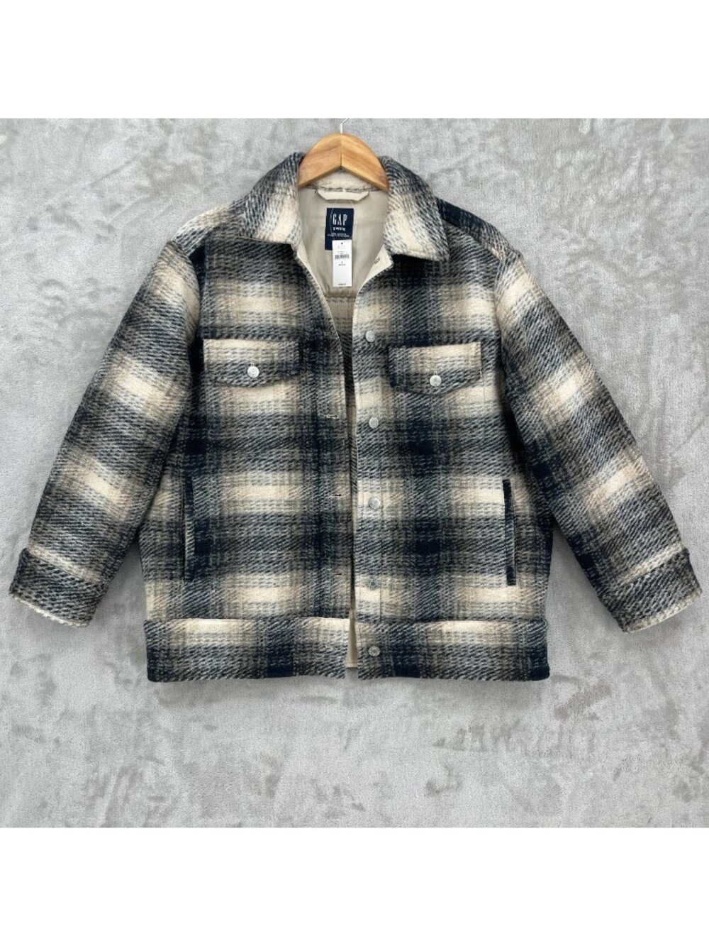 Gap Wool Shacket Trucker Jacket Wool Blend Neutral Plaid Black Beige